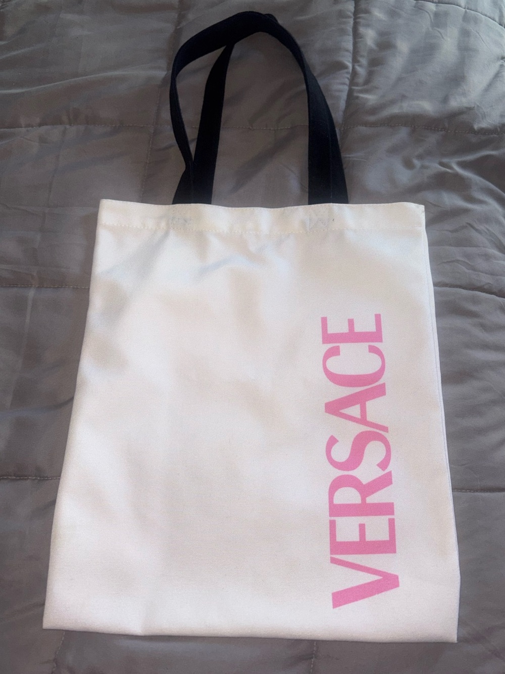 Versace White Tote with Pink Vertical Logo and Black Straps